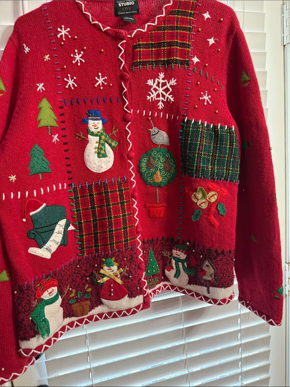 Designers Originals Red Holiday Patchwork Embroidered Cardigan limited edition.